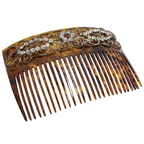 Vintage Art Deco Faux Tortoise Acetate Hair Comb Applied Filigree & Rhinestones - Picture 6 of 10